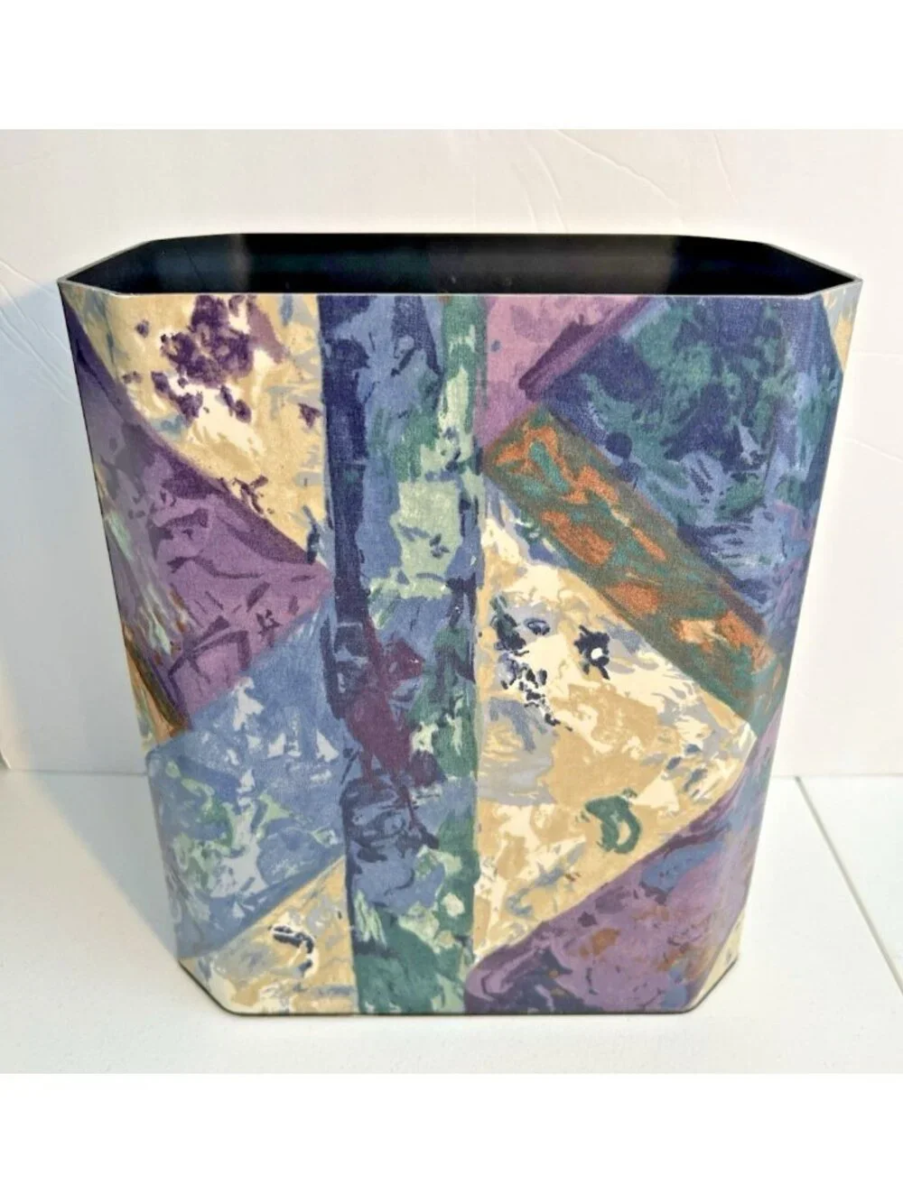 Vtg Wamsutta Abstract Geometric Waste Paper Basket 1990s Purple Blue Beige Green